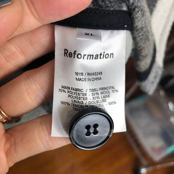 Reformation Ainslie Jacket Black Grey Stripe Plaid Wool Blend Long XL NWT - Picture 6 of 9